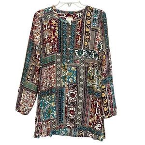 J. JILL Boho Tunic Small Multicolor Patchwork Boho Eclectic Button Front Top EUC